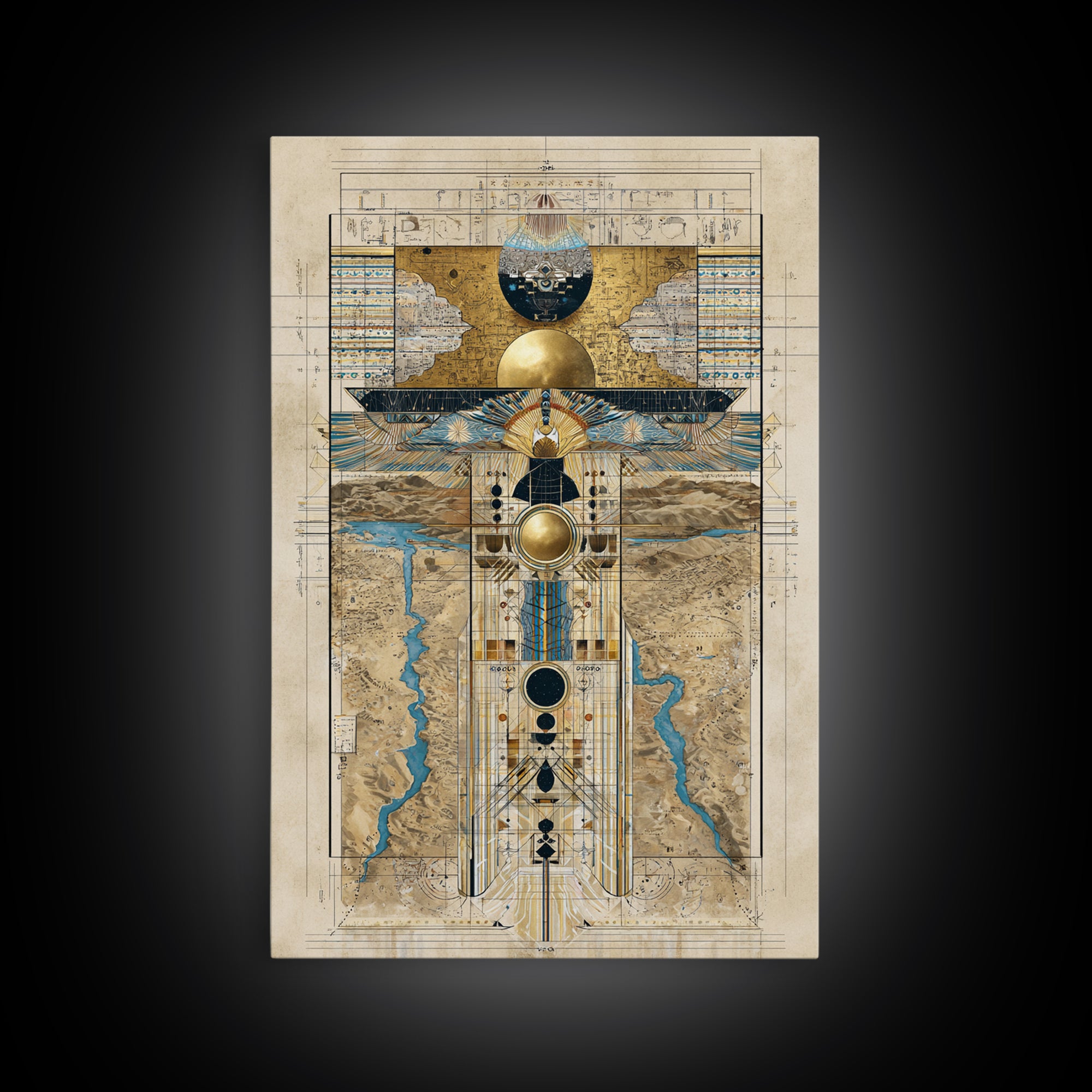 Egyptian Sacred Geometry Totem Canvas Print, African Egyptian Wall Art, Gold Blue Map Decor, Mystical Ancestral Poster Print