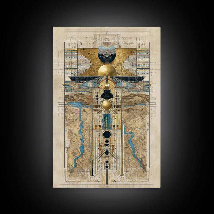 Egyptian Sacred Geometry Totem Canvas Print, African Egyptian Wall Art, Gold Blue Map Decor, Mystical Ancestral Poster Print