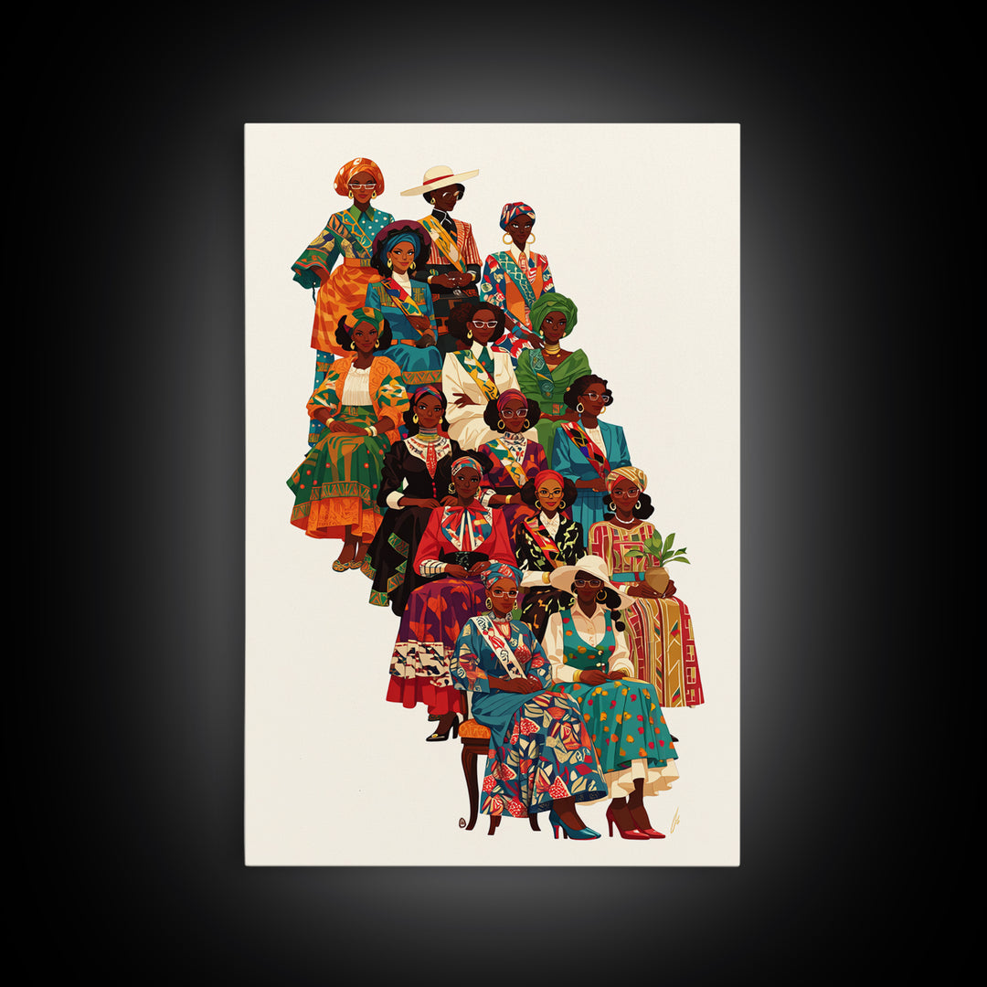 Elegant African Women Fashion Ensemble Framed Canvas Print, Ankara Wall Art, Black Queens Decor, Afrocentric Statement Gift