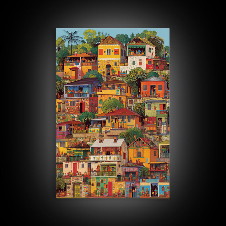 Colorful African Hillside Village Wall Art, Urban Home Scene Print, Tropical Architecture Decor, Vibrant Cultural Canvas