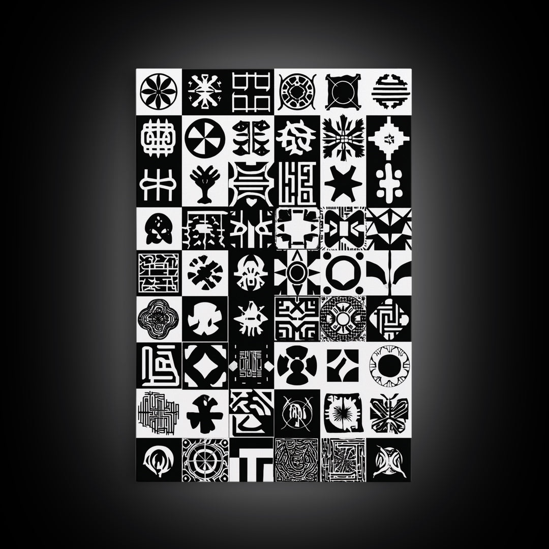 Black White African Symbols Wall Art, Adinkra Pattern Canvas Print, Tribal Art Decor, African Fabric Inspired Home Decor