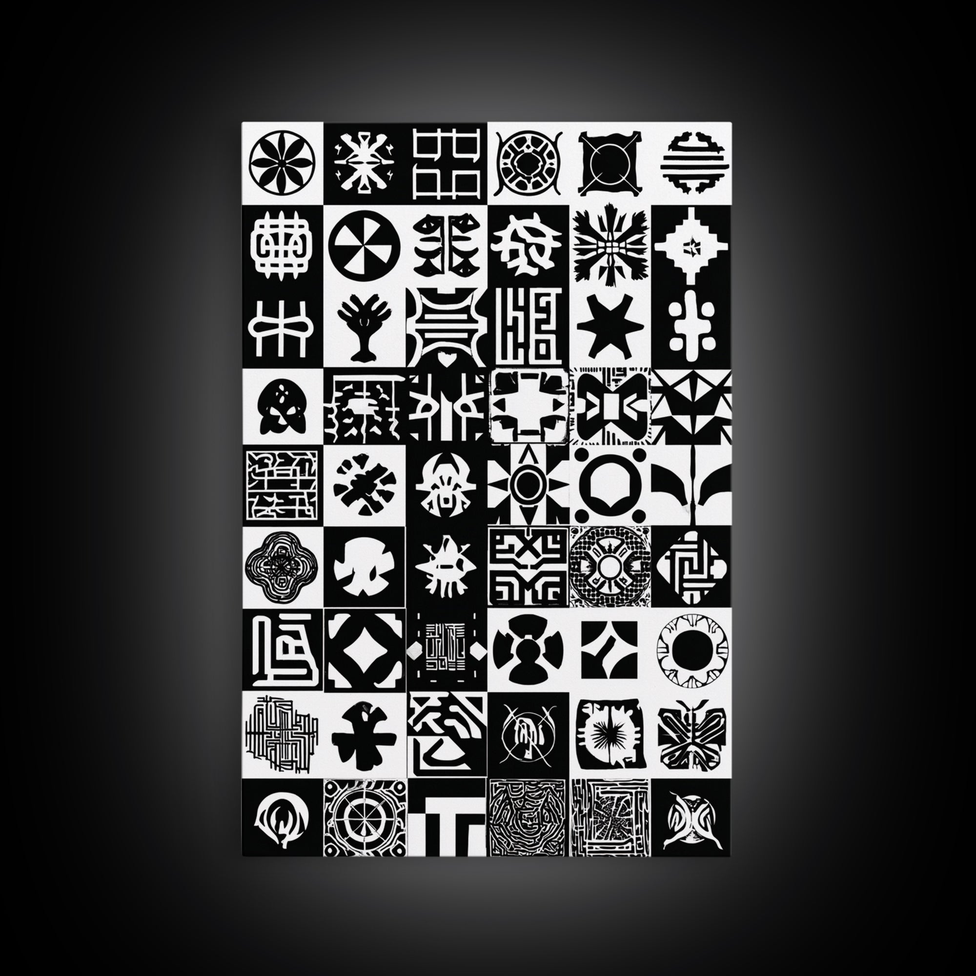 Black White African Symbols Wall Art, Adinkra Pattern Canvas Print, Tribal Art Decor, African Fabric Inspired Home Decor