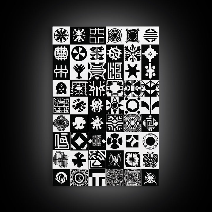 Black White African Symbols Wall Art, Adinkra Pattern Canvas Print, Tribal Art Decor, African Fabric Inspired Home Decor