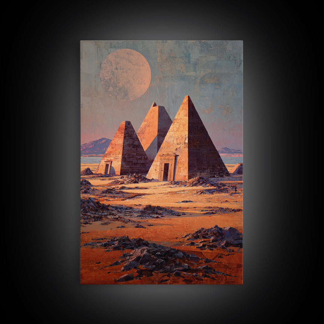 Moonlit Nubian Pyramids Framed Canvas Print, African Egyptian Art, Mystical Desert Wall Decor, Cultural Artwork, Home Decor Gift