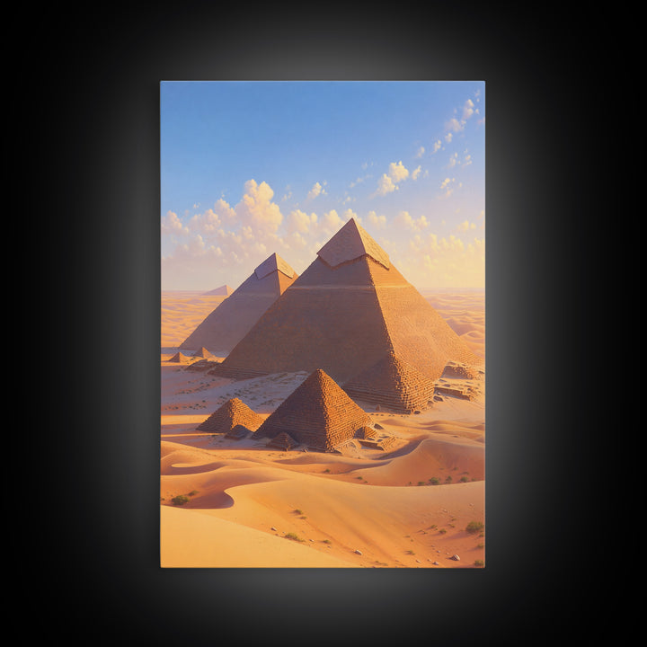 Golden Giza Pyramids In Desert Dunes Framed Canvas Print, African Egyptian Art, Ancient African Wall Decor Gift, Travel Poster