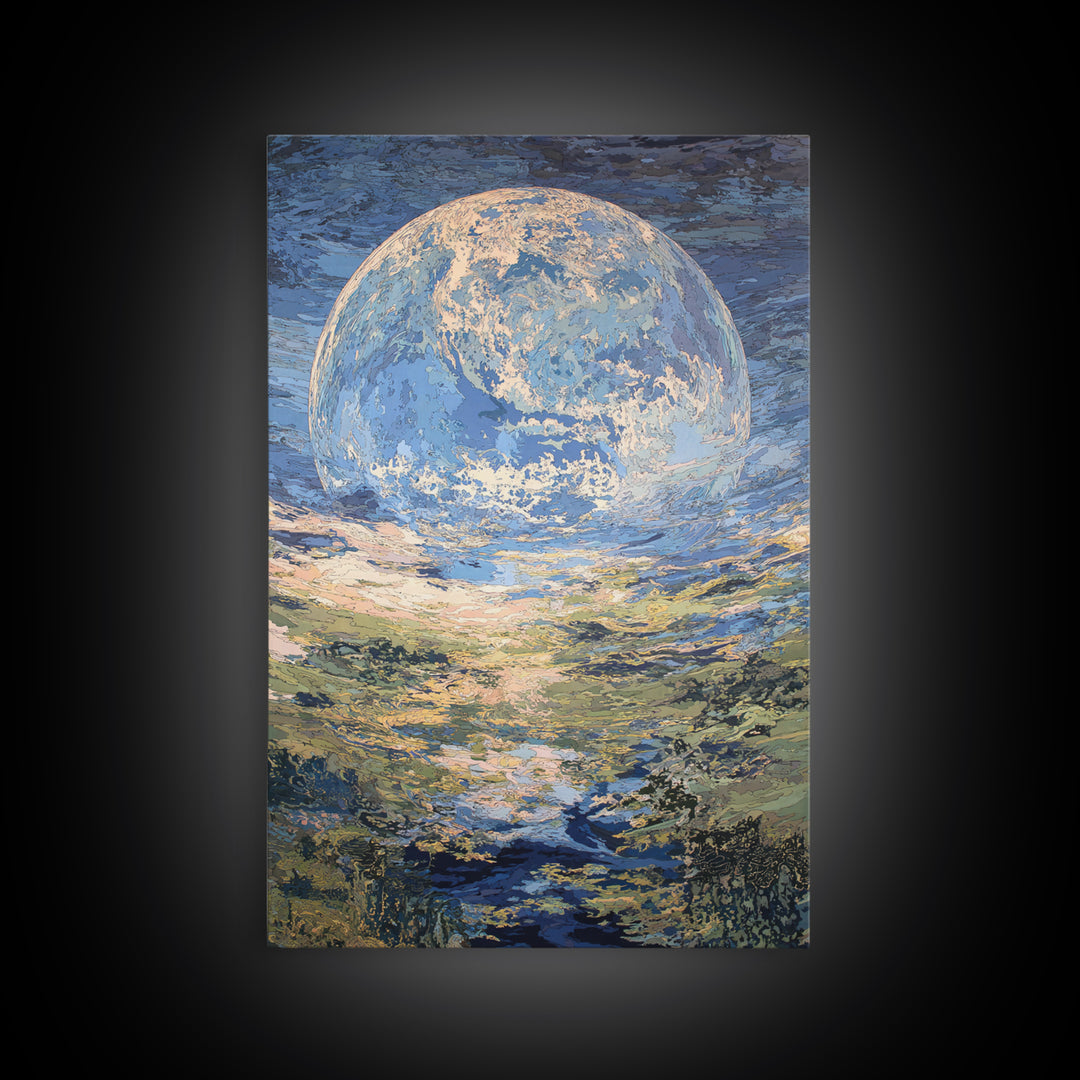 Dreamy Blue Moon Over Ocean Canvas Print, Abstract Landscape Wall Art, Modern Art Poster, Nature Scene Art, Large Decor Gift