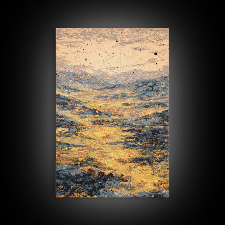 Golden Celestial Valley Framed Canvas Print, Dreamy Wall Art, Abstract Landscape, Spiritual Wall Decor, Modern Art Poster Gift