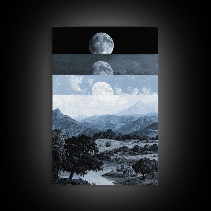 Black And White Moonrise Mountain Wall Art, Large Landscape Canvas Print, Minimalist Art, Modern Wall Decor, Blue Nature Scene Art Gift