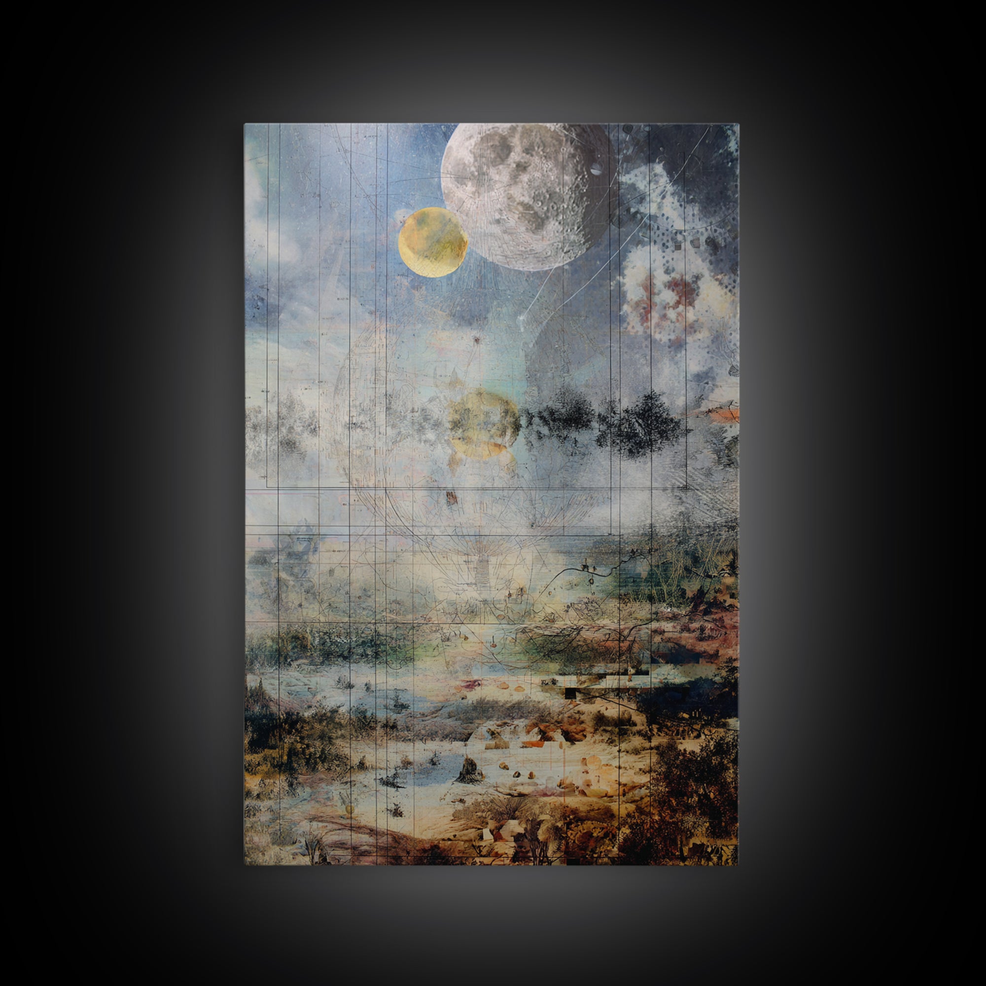 Surreal Lunar Seascape With Pale Moons And Fine Line Geometry Wall Art, Dreamy Abstract Landscape, Modern Blue Home Decor