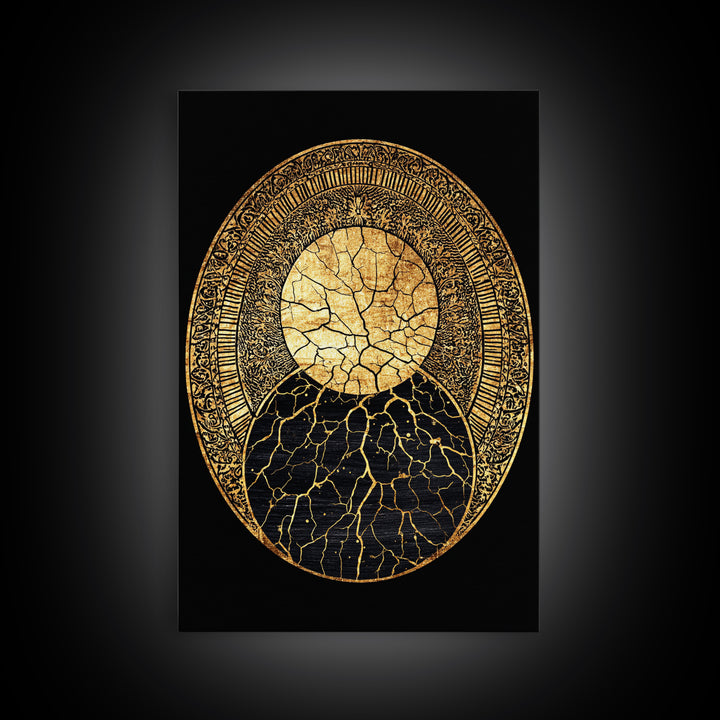 Gold Kintsugi Sun Moon Oval On Black Canvas Print, Spiritual Geometric Art, Luxury Abstract Decor, Mystical Celestial Gift