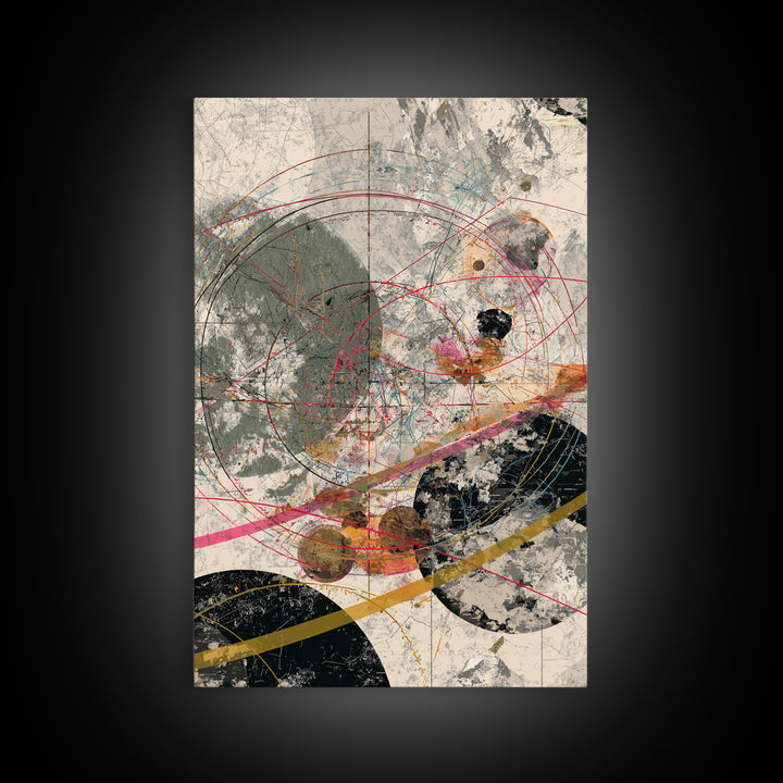 Orbit Circles With Red Lines And Gray Texture Framed Canvas Print, Abstract Geometric Wall Decor, Modern Office Art Gift