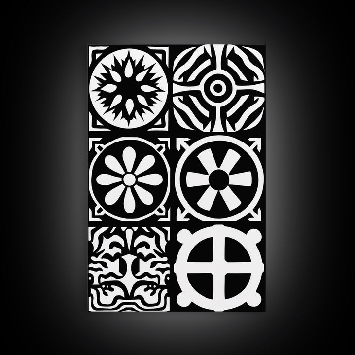 Bold Black And White Tribal Pattern Panels Wall Art, Modern Geometric Abstract Print, Minimalist Boho Unique Home Decor Gift