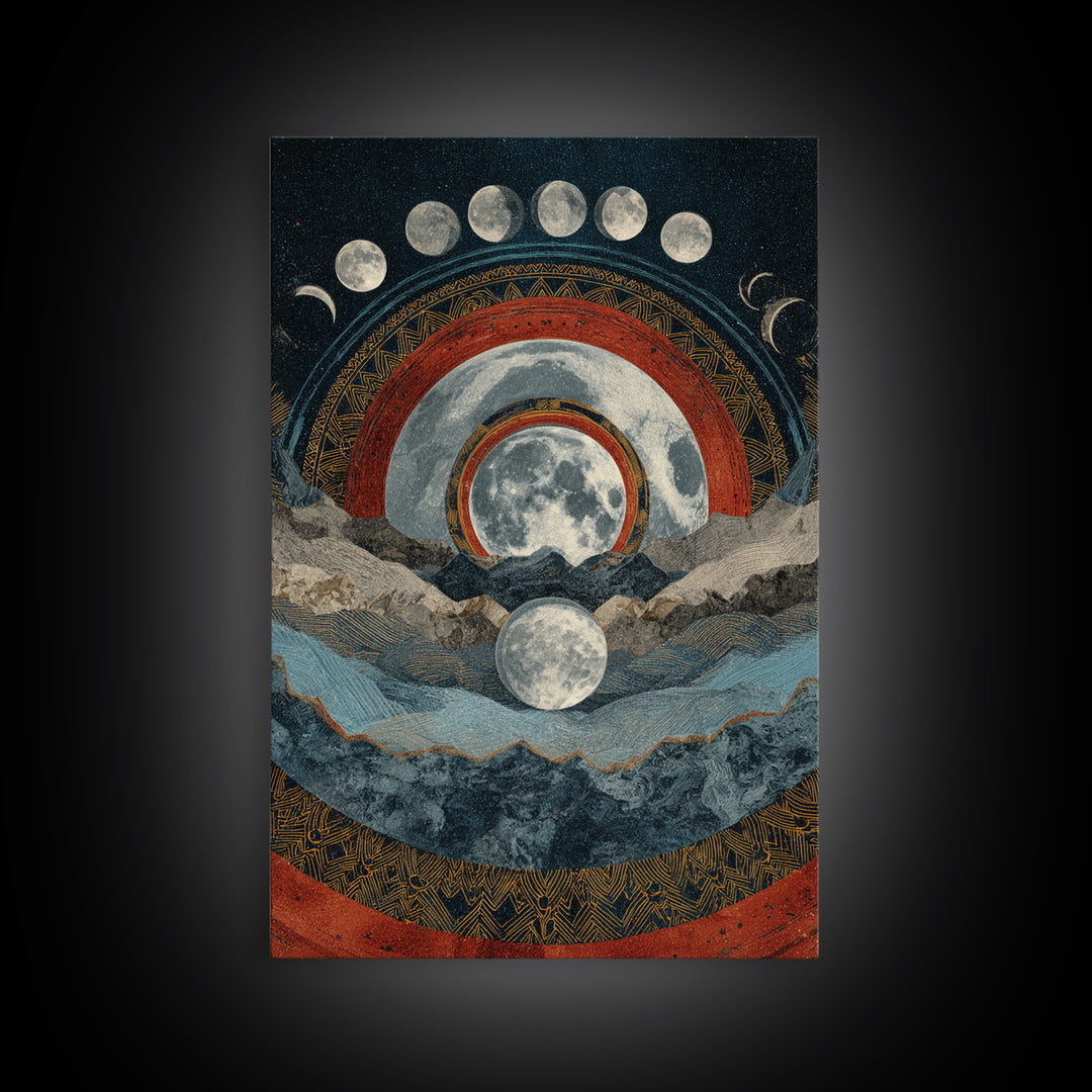 Moon Phase Mountain Mandala With Red Arcs Canvas Print, Spiritual Landscape Wall Decor, Mystical Meditation Home Art Gift