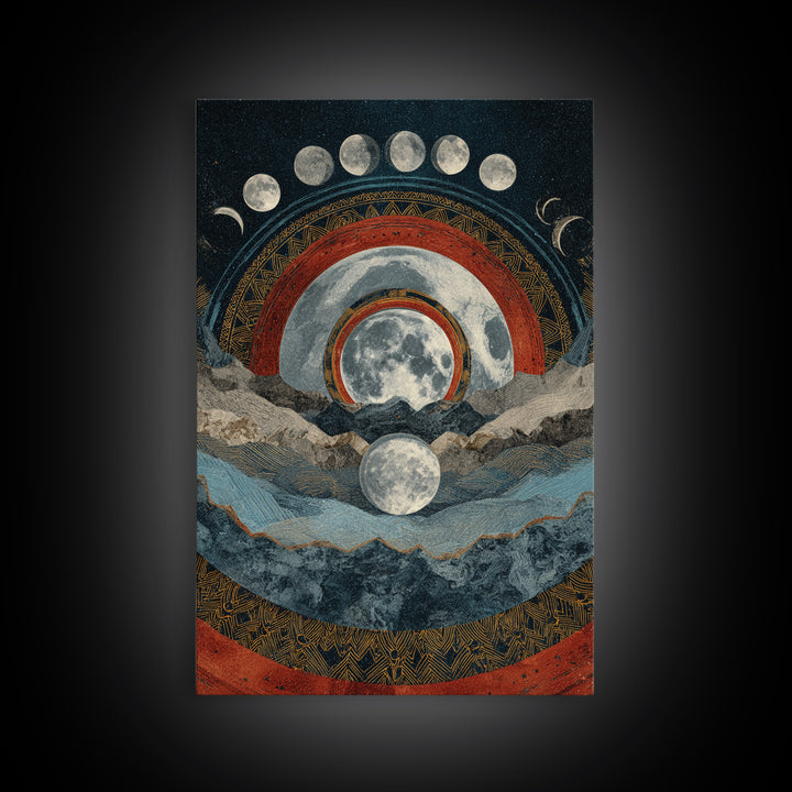 Moon Phase Mountain Mandala With Red Arcs Canvas Print, Spiritual Landscape Wall Decor, Mystical Meditation Home Art Gift