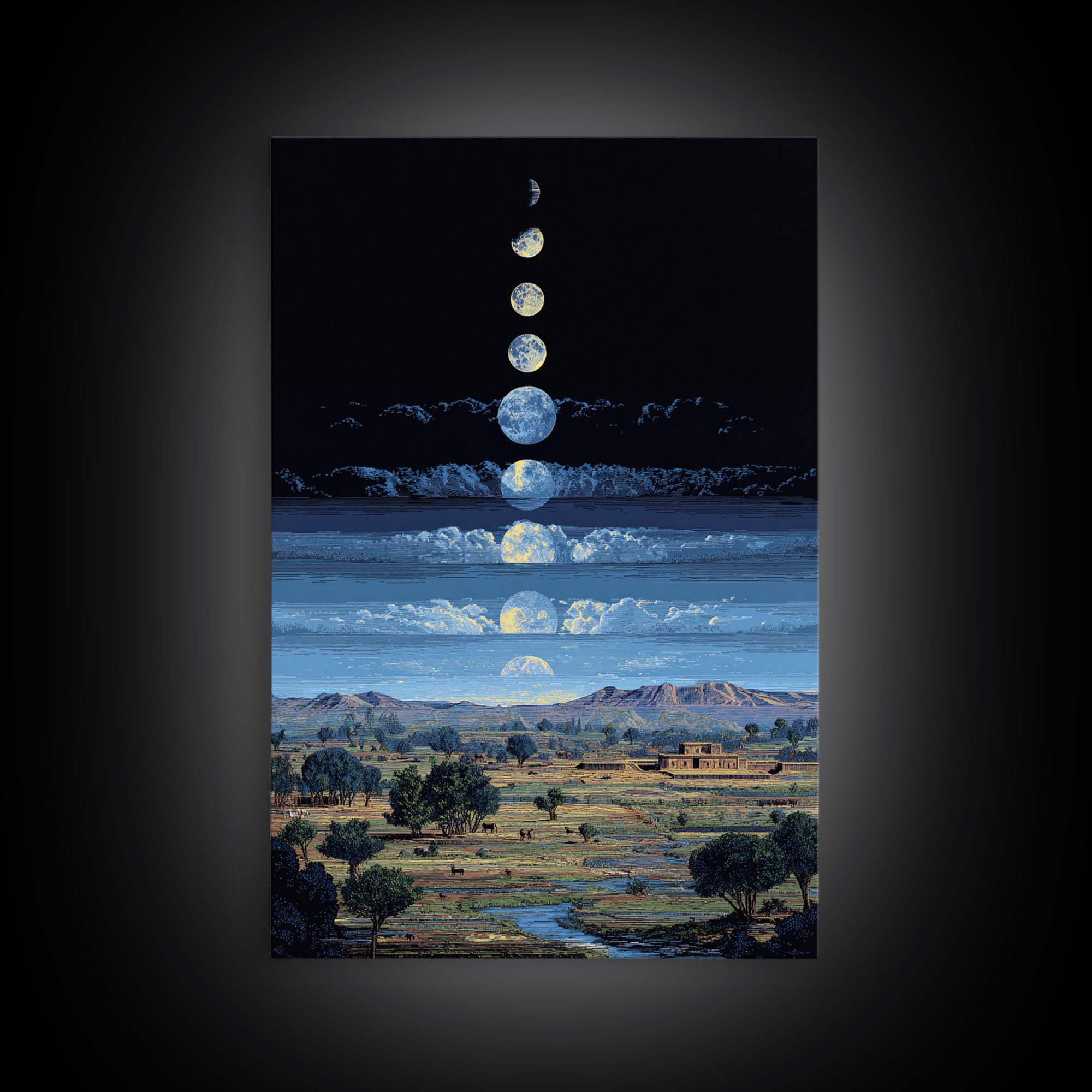 Blue Moon Phases Over African Savanna Landscape Wall Art, Spiritual Safari Decor, Mystical Nature Scene For Living Room Gift