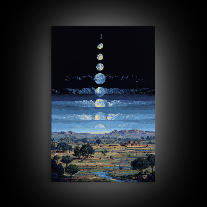 Blue Moon Phases Over African Savanna Landscape Wall Art, Spiritual Safari Decor, Mystical Nature Scene For Living Room Gift