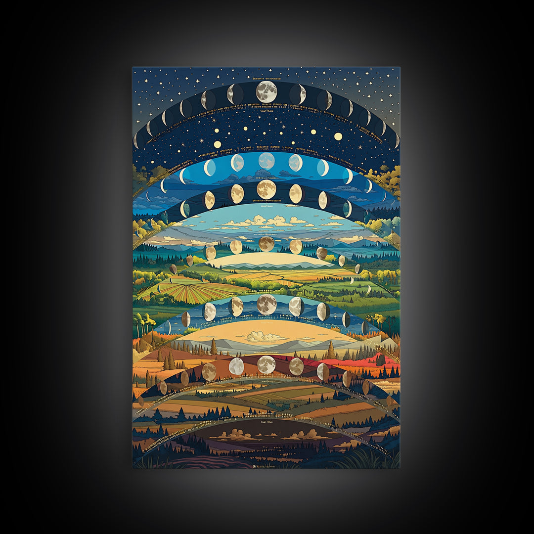 Layered Moon Phase Landscape With Rolling Fields Canvas Print, Dreamy Nature Wall Decor, Modern Boho Art For Living Room