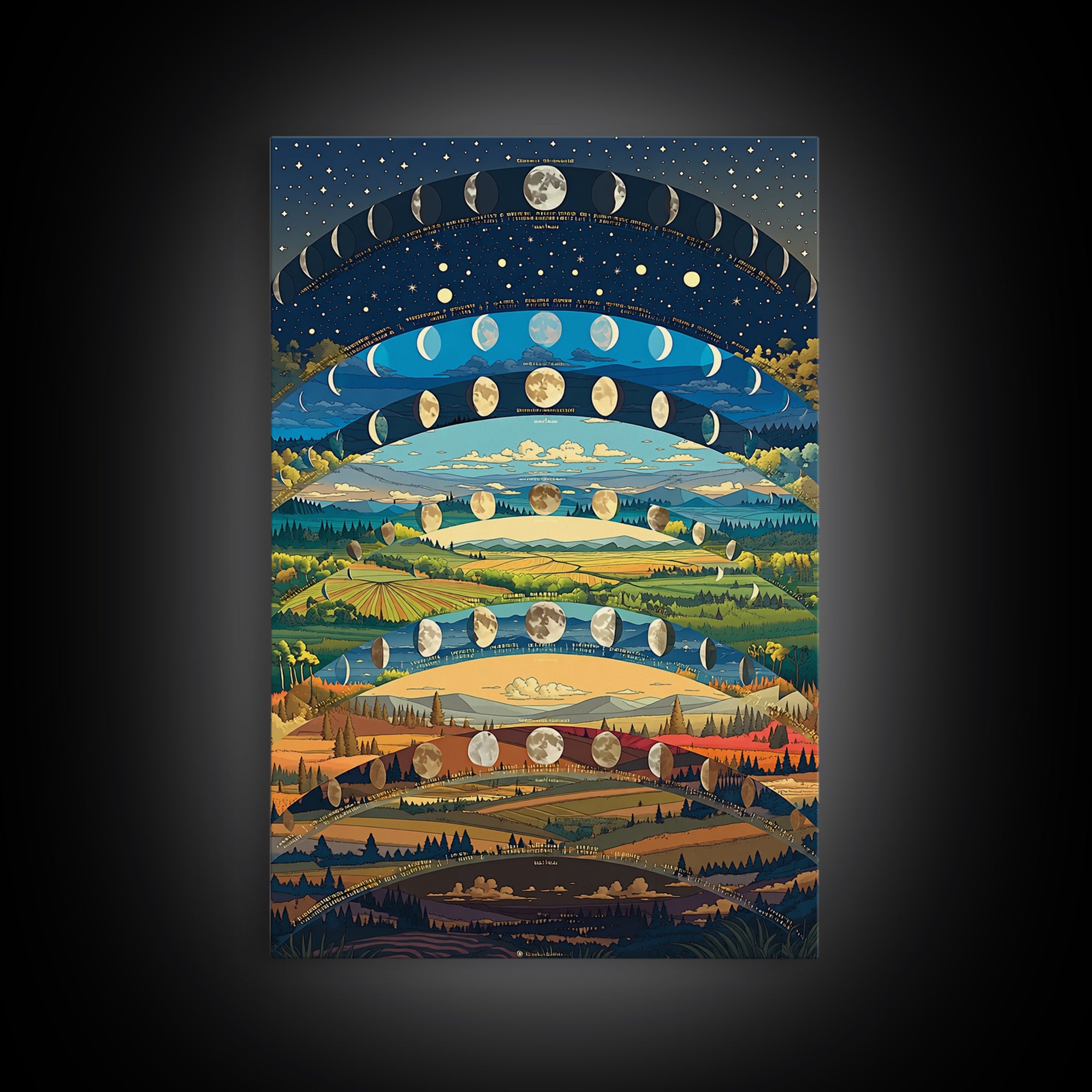Layered Moon Phase Landscape With Rolling Fields Canvas Print, Dreamy Nature Wall Decor, Modern Boho Art For Living Room