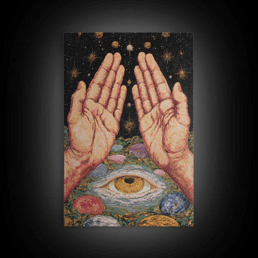 Mystic Open Hands Above All Seeing Eye And Planets Wall Art, Spiritual Meditation Decor, Surreal Occult Unique Home Art Gift