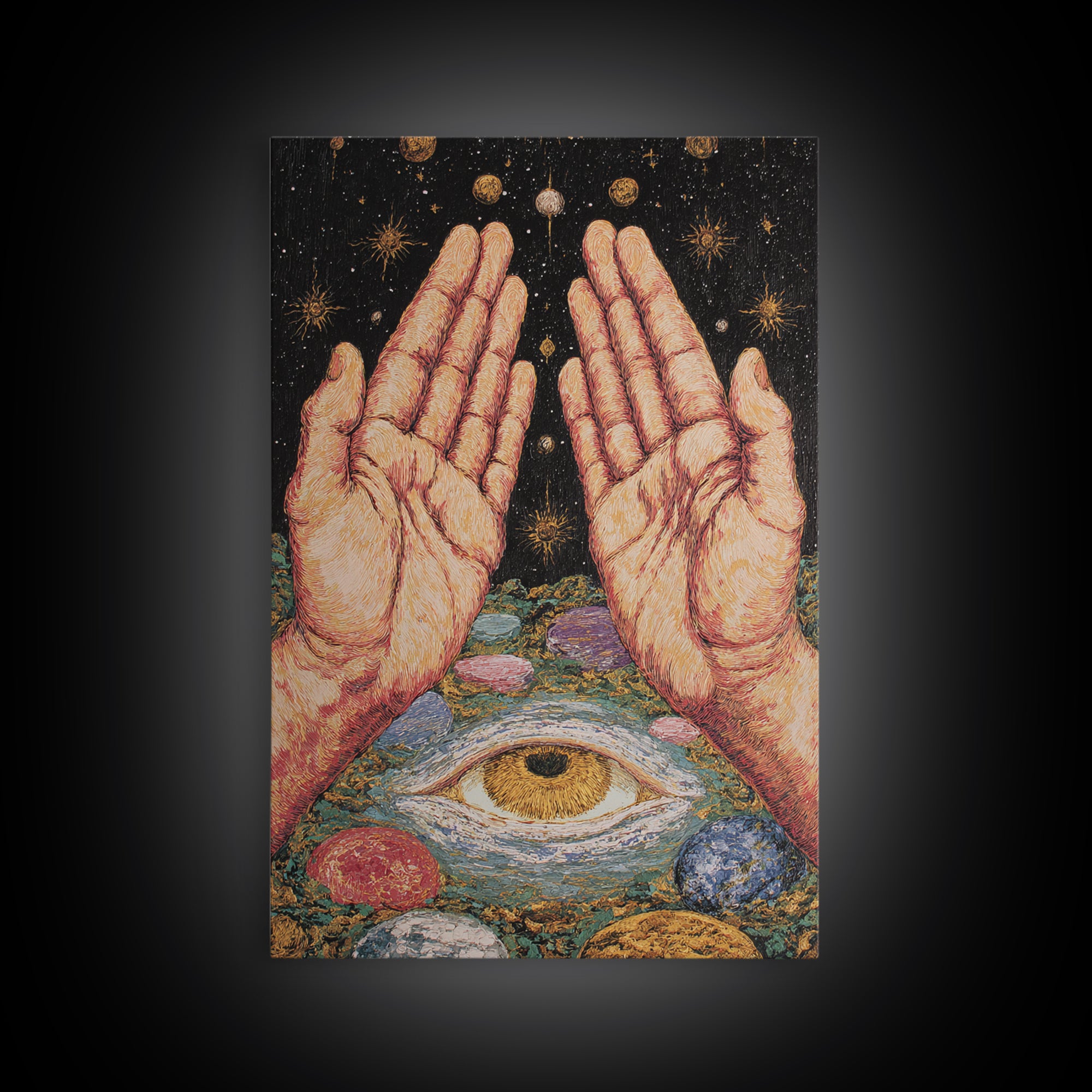 Mystic Open Hands Above All Seeing Eye And Planets Wall Art, Spiritual Meditation Decor, Surreal Occult Unique Home Art Gift