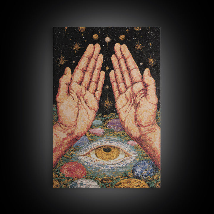 Mystic Open Hands Above All Seeing Eye And Planets Wall Art, Spiritual Meditation Decor, Surreal Occult Unique Home Art Gift