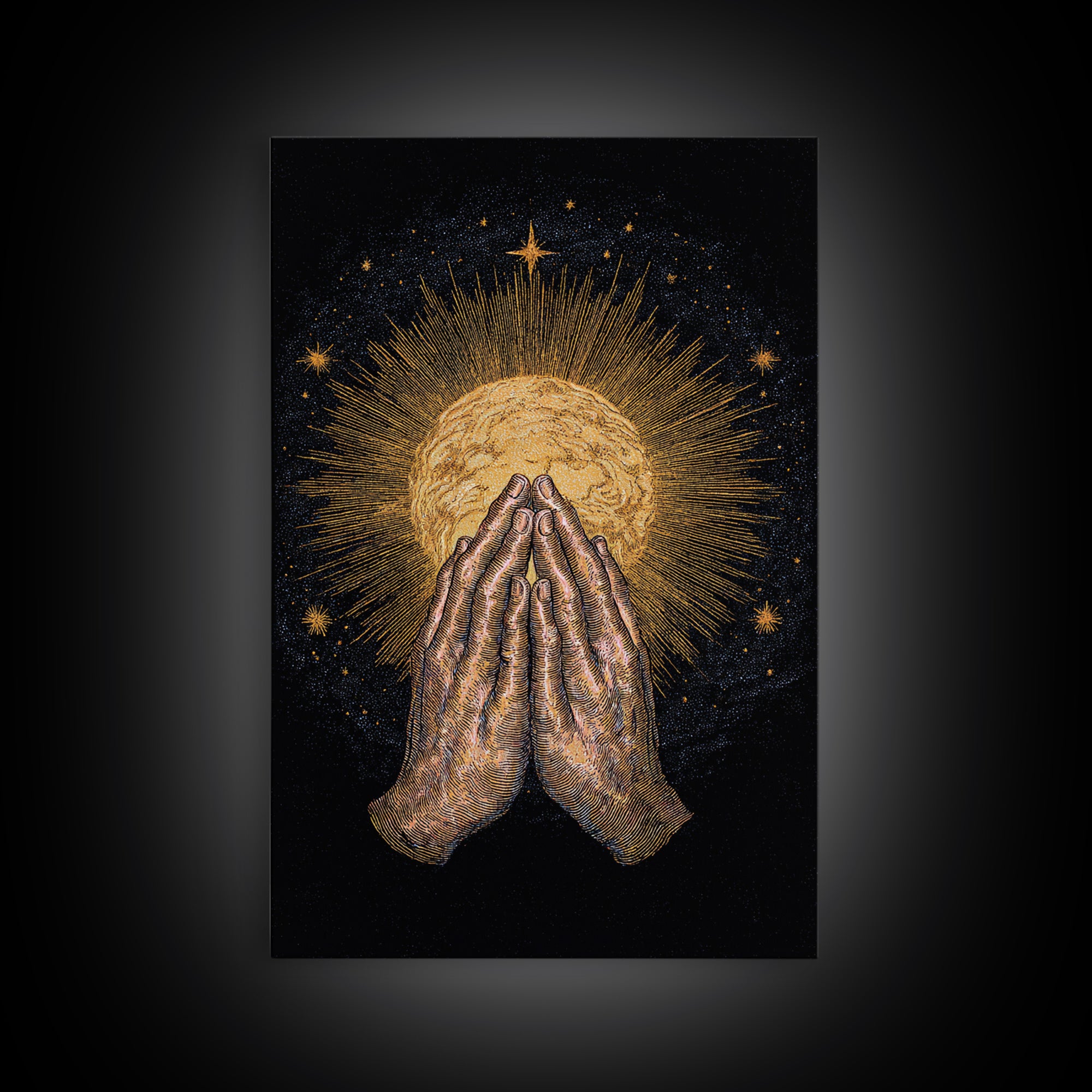 Praying Hands Holding Golden Radiant Sun On Black Canvas Print, Spiritual Wall Decor, Meditation Art Gift For Sacred Home