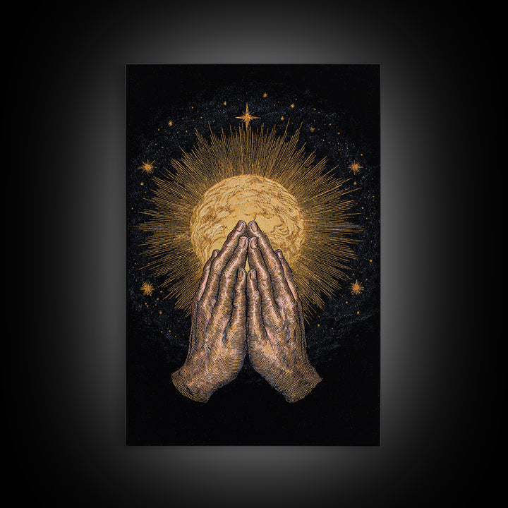 Praying Hands Holding Golden Radiant Sun On Black Canvas Print, Spiritual Wall Decor, Meditation Art Gift For Sacred Home