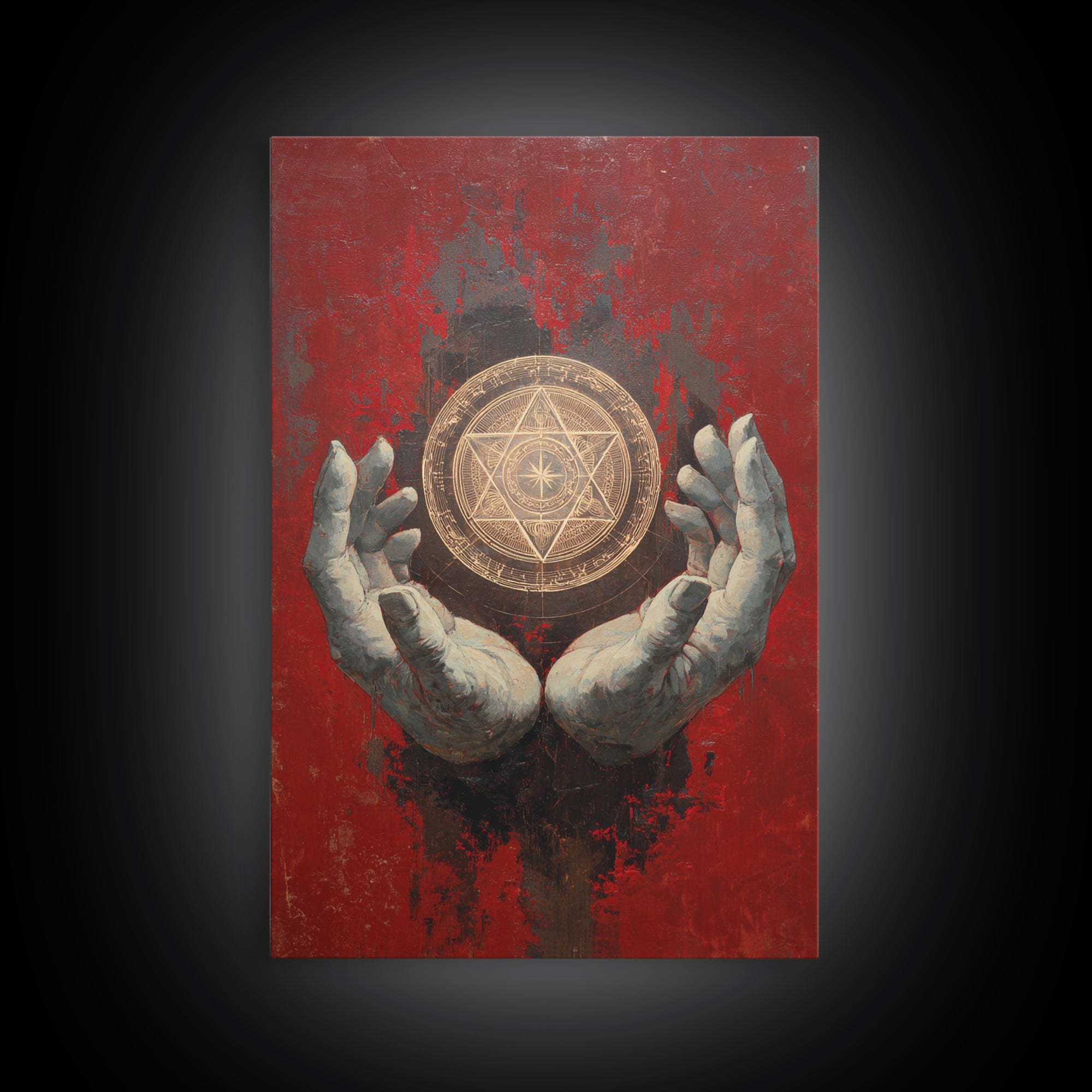 Golden Sacred Geometry In Weathered Hands Wall Art, Mystical Abstract Canvas, Spiritual Home Decor, Red And Gold Artwork