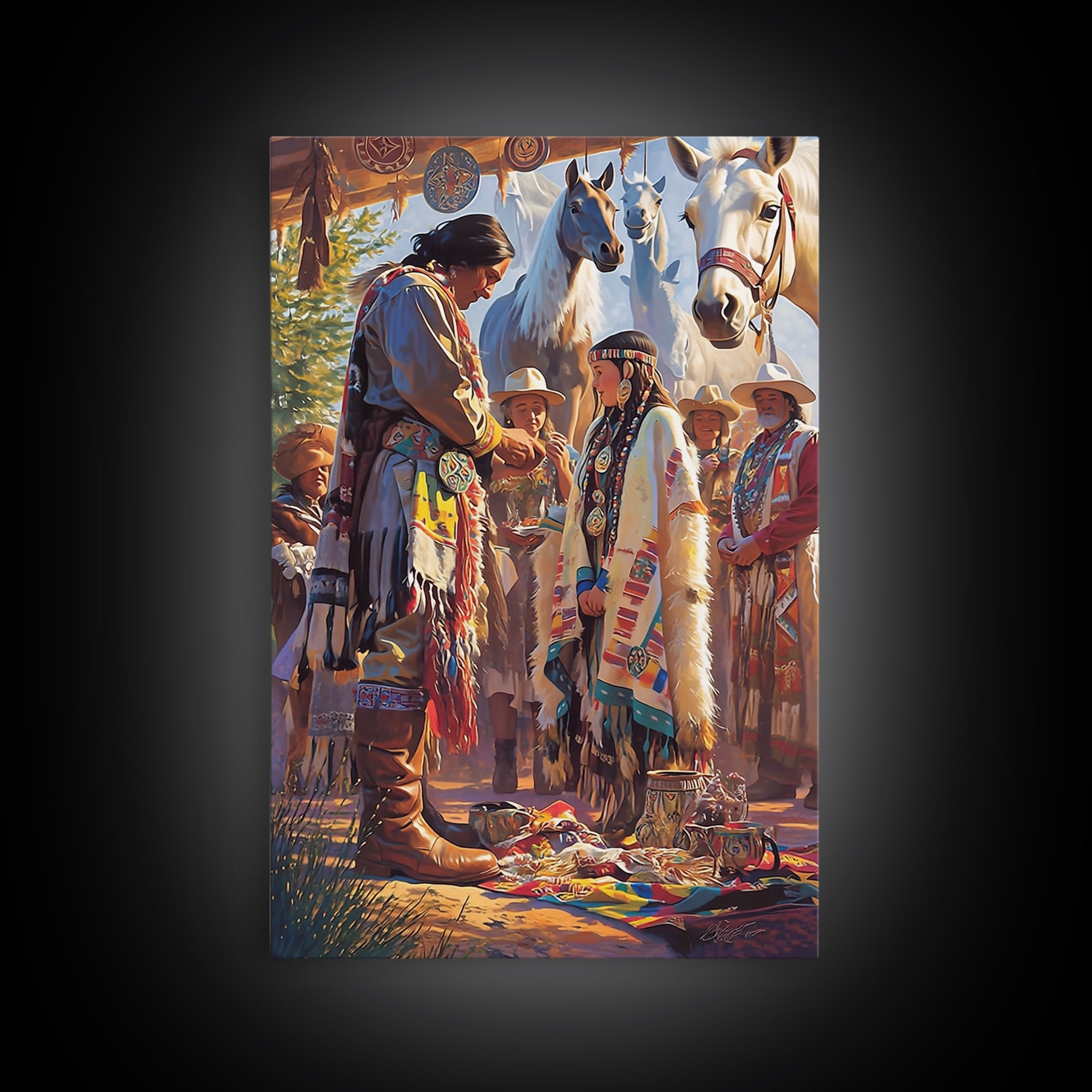 Indigenous Horse Blessing Ceremony Canvas Print, Tribal Cultural Wall Decor, Western Portrait Art, Meaningful Gift For Her