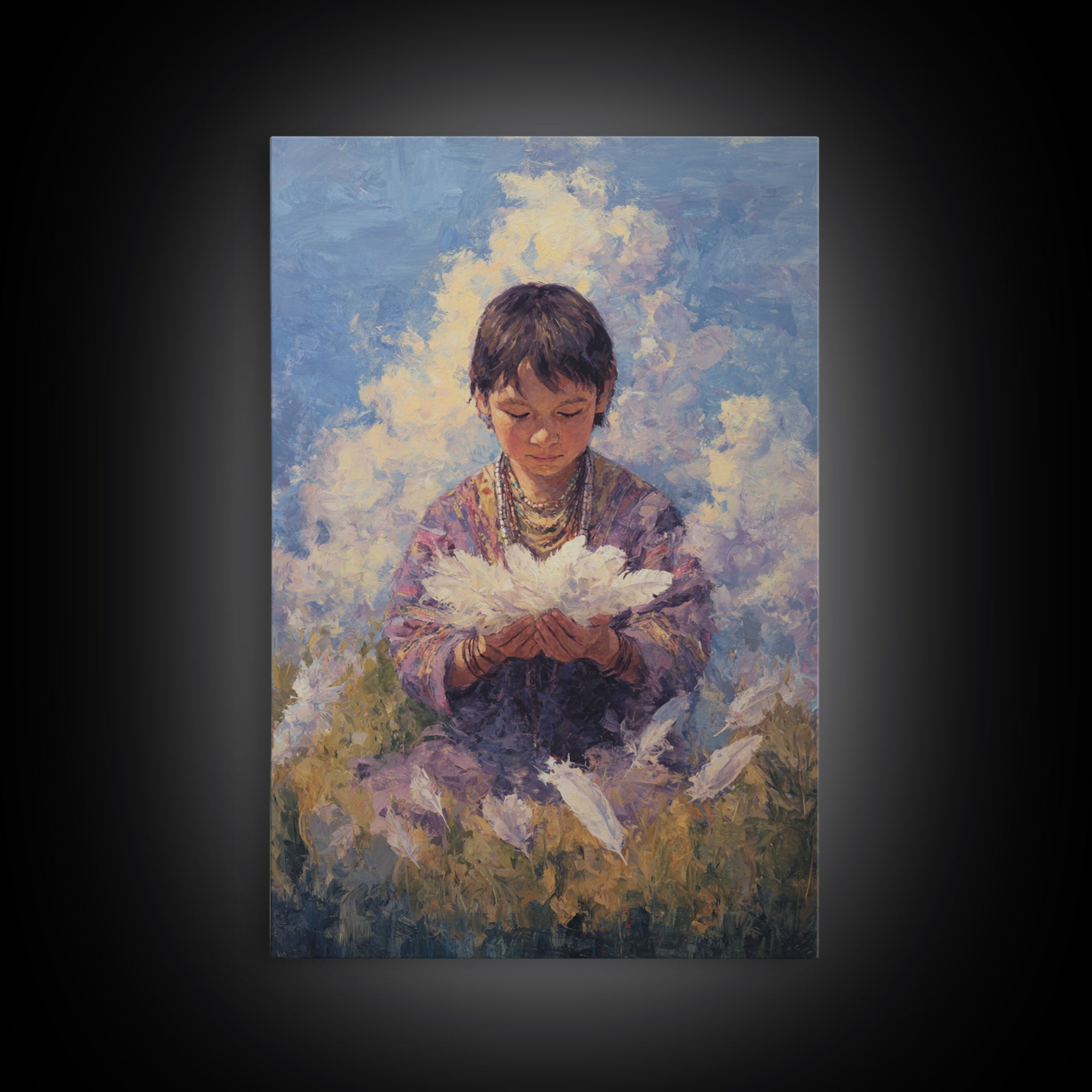 Quiet Child Holding White Feathers Framed Canvas Print, Dreamy Portrait Wall Art, Spiritual Home Decor, Gift For Kids, Soft Blue Painting