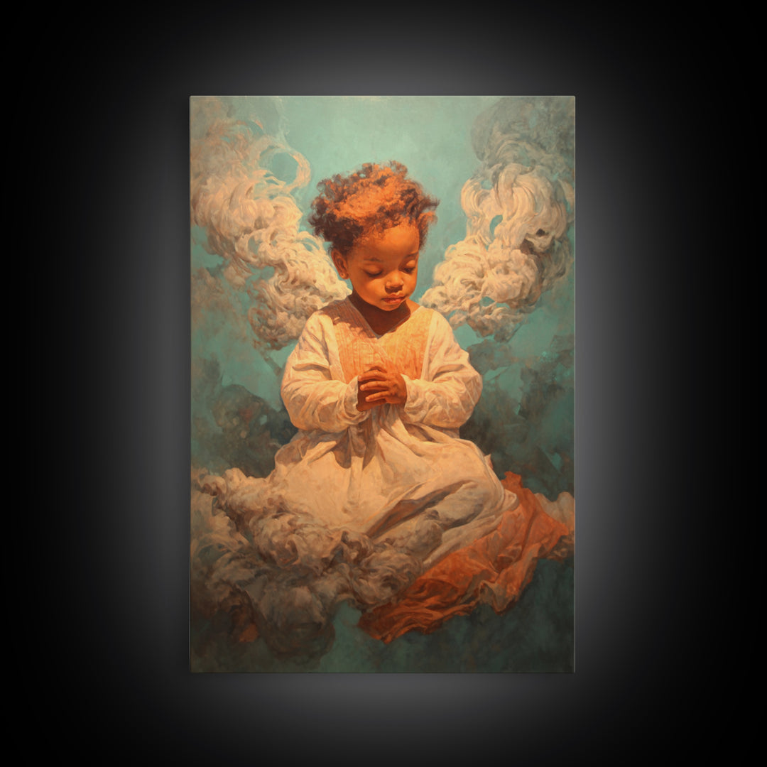 Praying Black Child In Clouds Canvas Print, Angelic Spiritual Wall Art, Dreamy Portrait Decor, Black Beauty Gift For Her