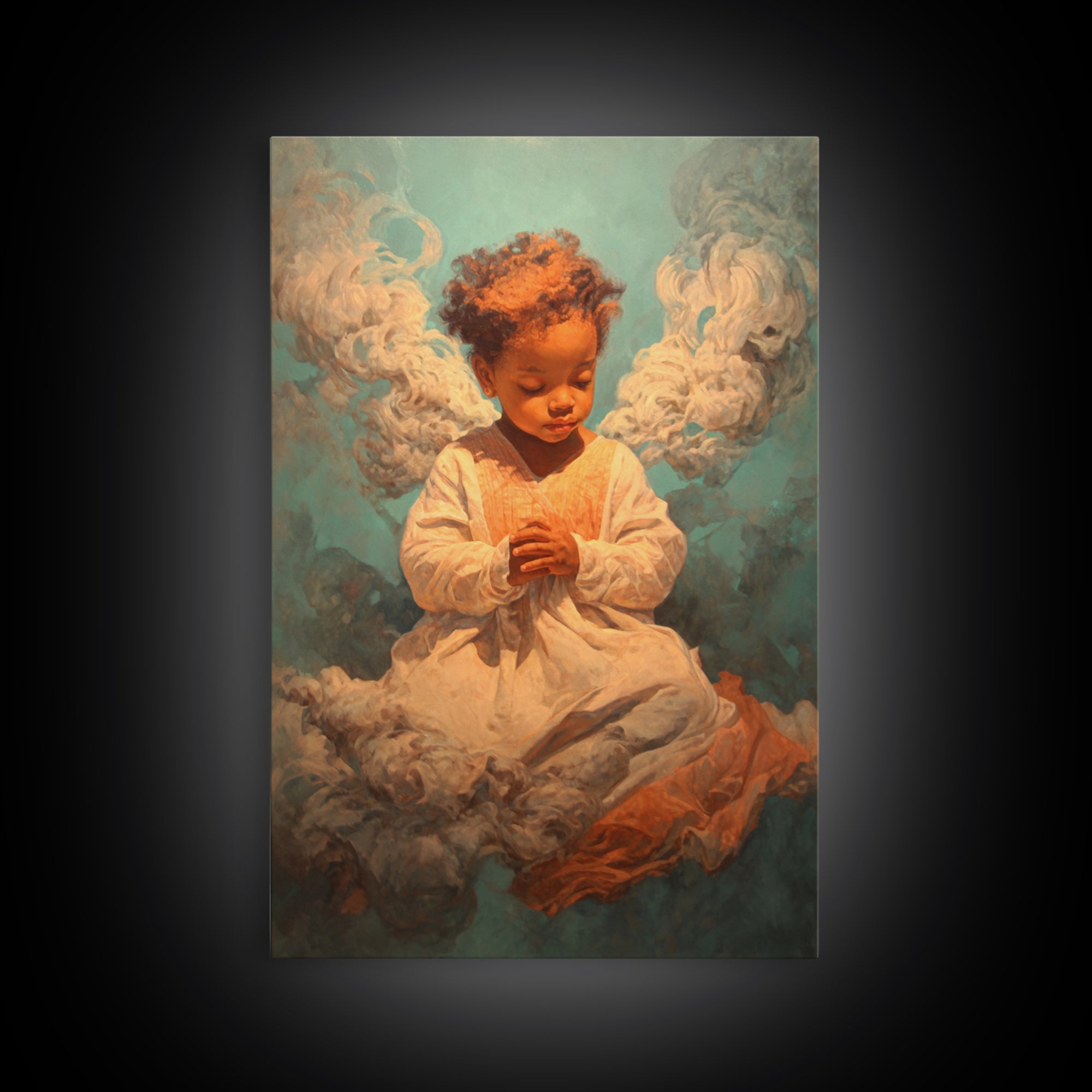 Praying Black Child In Clouds Canvas Print, Angelic Spiritual Wall Art, Dreamy Portrait Decor, Black Beauty Gift For Her