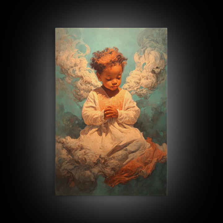 Praying Black Child In Clouds Canvas Print, Angelic Spiritual Wall Art, Dreamy Portrait Decor, Black Beauty Gift For Her