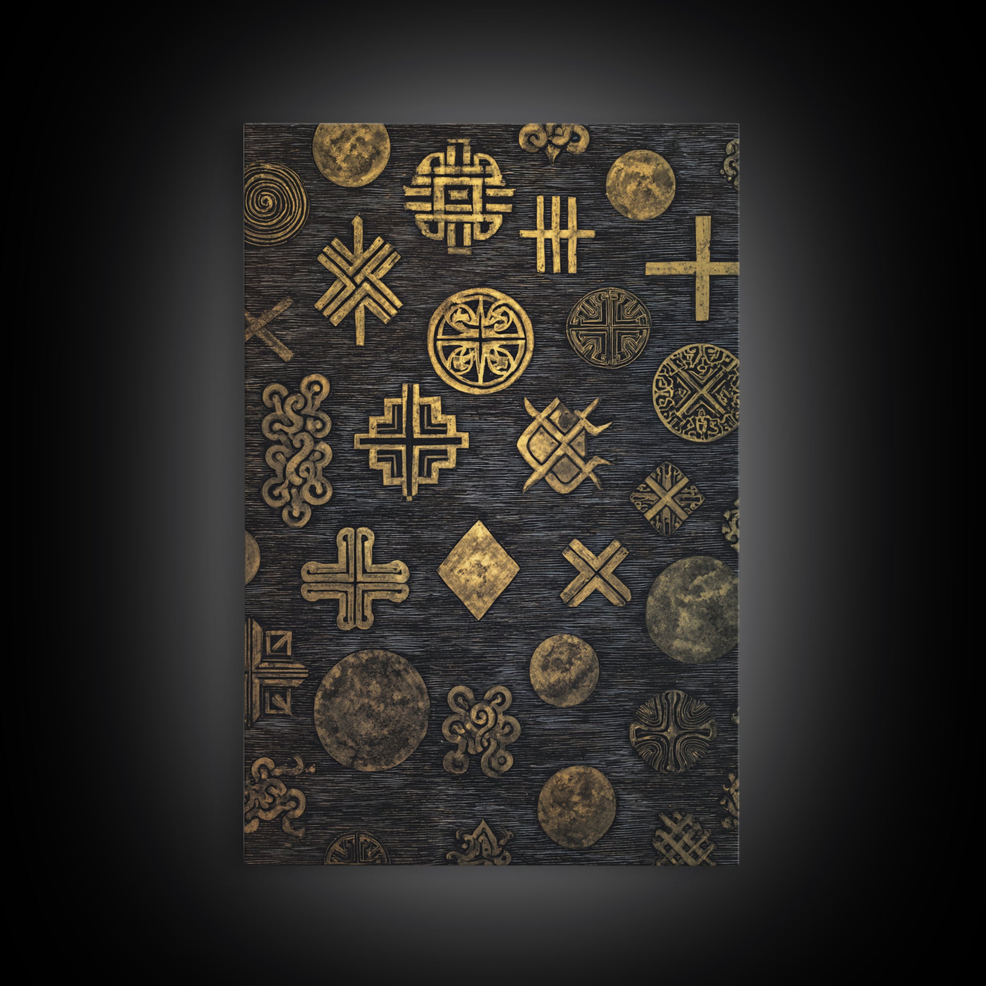 Gold Adinkra Symbols On Black Canvas Print, African Patterns Wall Decor, Tribal Art Print, Cultural Home Decor For Living Room