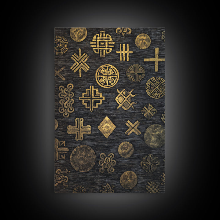 Gold Adinkra Symbols On Black Canvas Print, African Patterns Wall Decor, Tribal Art Print, Cultural Home Decor For Living Room