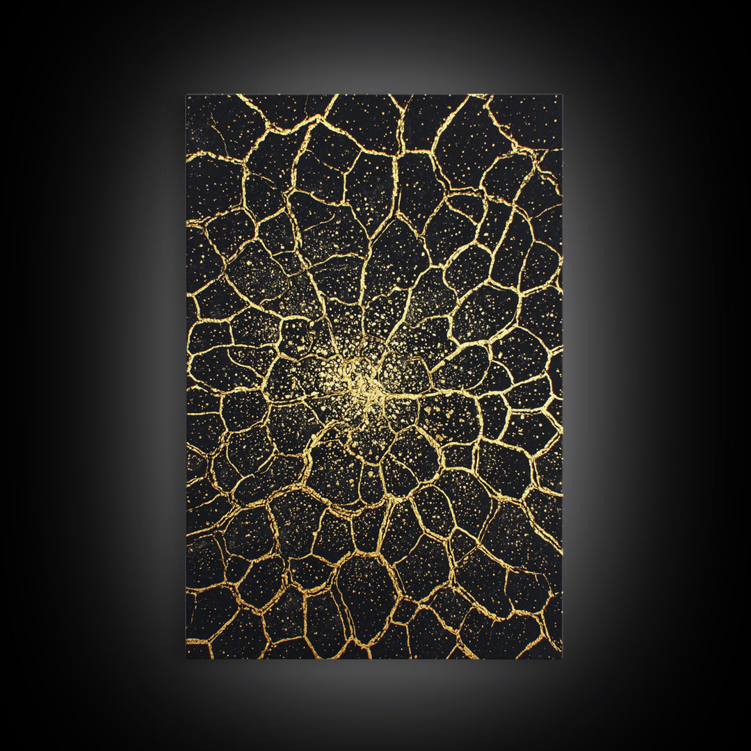 Black And Gold Cracked Floral Mandala Wall Art, Abstract Geometric Canvas, Luxury Home Decor, Statement Piece Gift For Living Room