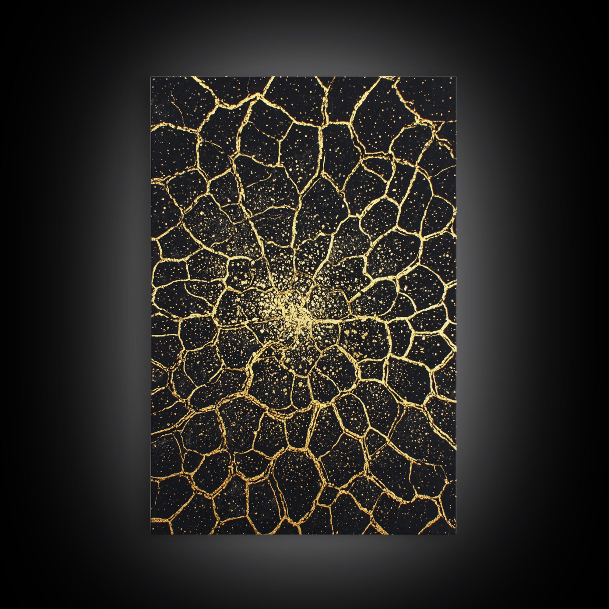 Black And Gold Cracked Floral Mandala Wall Art, Abstract Geometric Canvas, Luxury Home Decor, Statement Piece Gift For Living Room