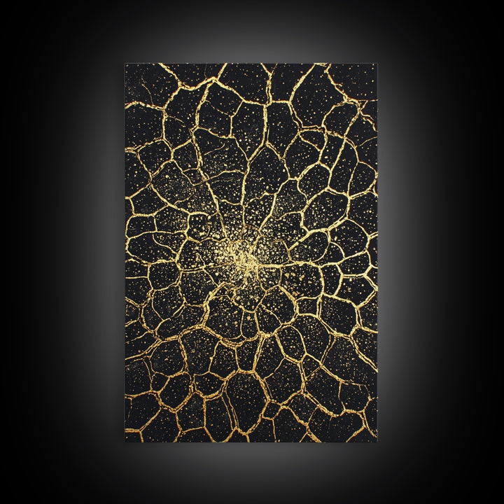 Black And Gold Cracked Floral Mandala Wall Art, Abstract Geometric Canvas, Luxury Home Decor, Statement Piece Gift For Living Room