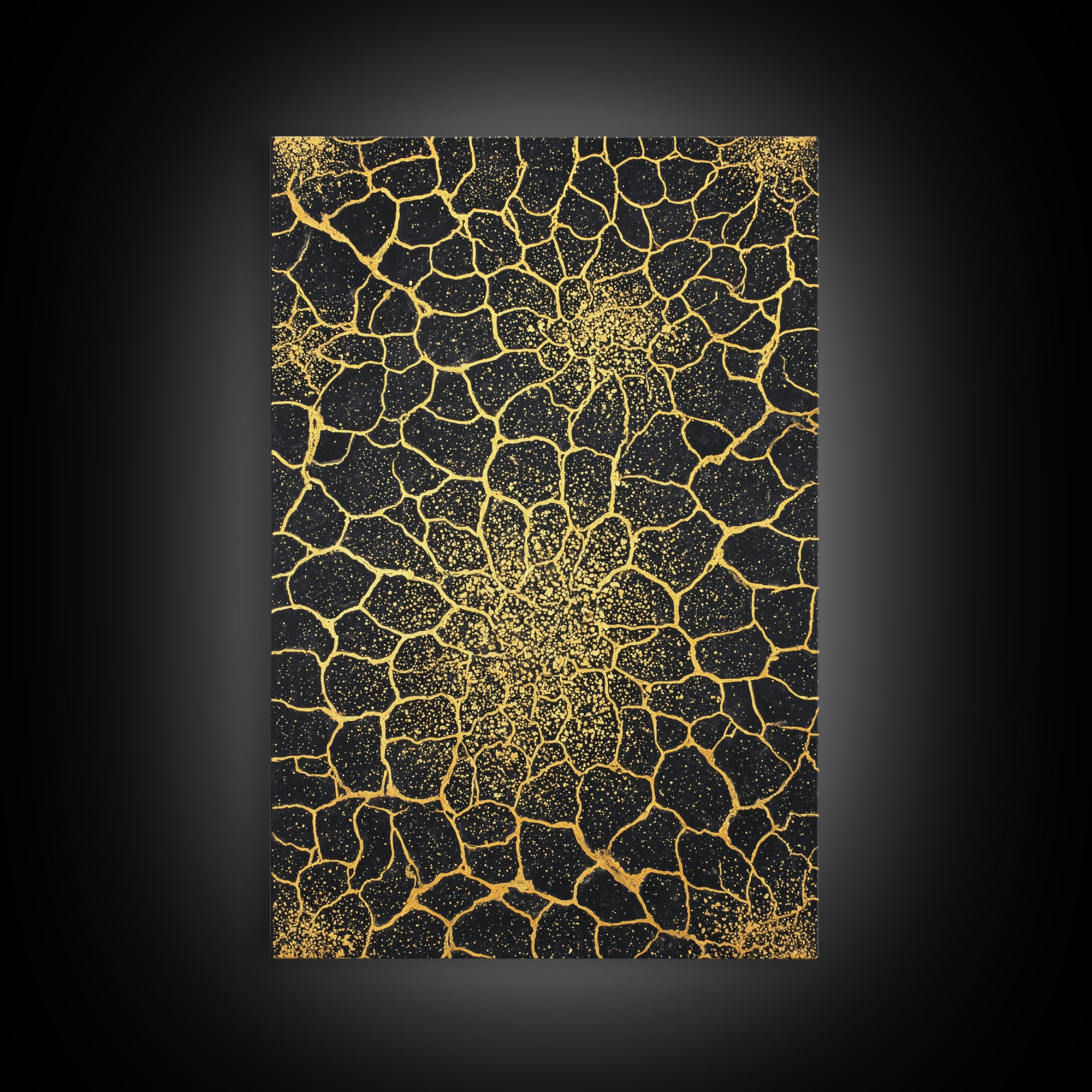 Gold Botanical Crackle Pattern Canvas Print, Black Abstract Wall Art, Geometric Floral Decor, Luxury Statement Piece For Modern Home