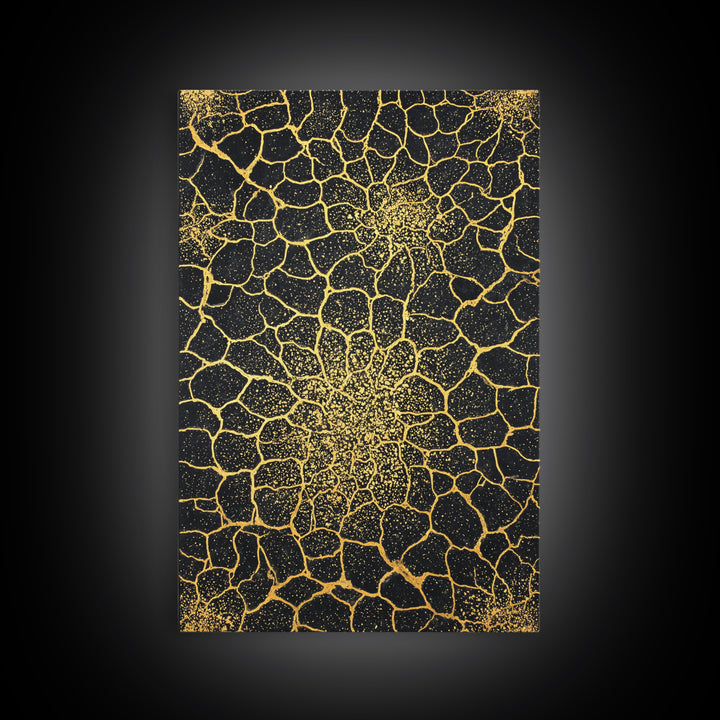 Gold Botanical Crackle Pattern Canvas Print, Black Abstract Wall Art, Geometric Floral Decor, Luxury Statement Piece For Modern Home