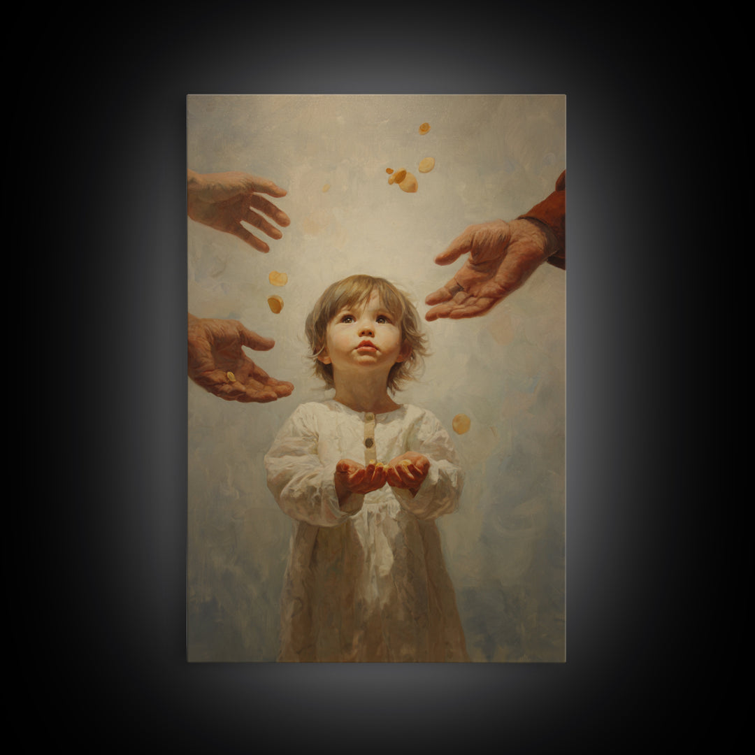 Wide Eyed Child Receiving Coins Framed Canvas Print, Classic Portrait Wall Art, Meaningful Gift, Soft Neutral Home Decor