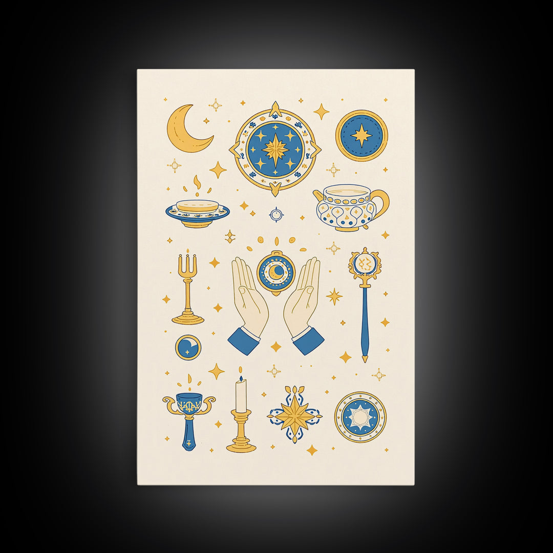 Blue Gold Celestial Symbols With Moon Hands And Stars Wall Art, Mystical Spiritual Boho Decor, Elegant Gallery Canvas Print