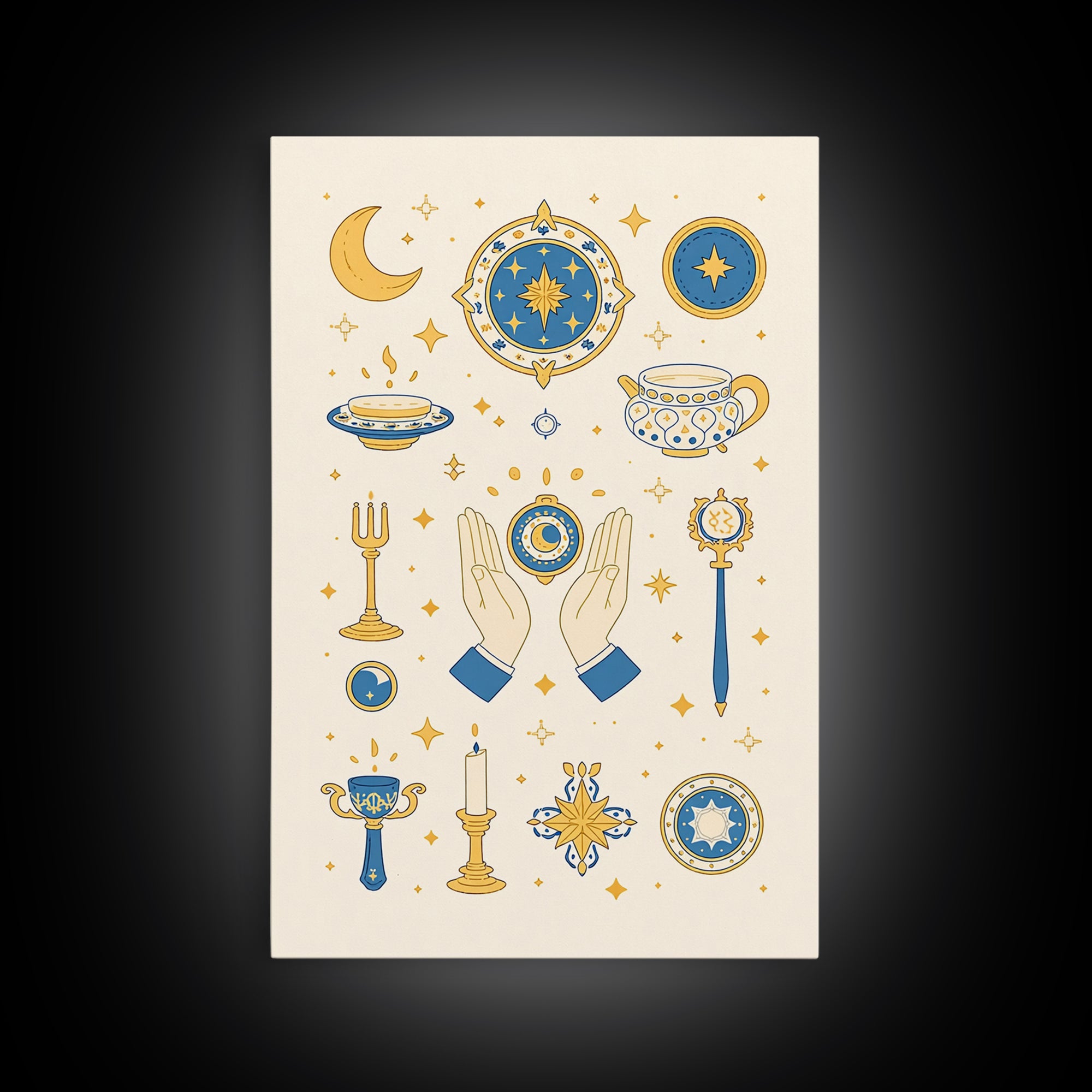 Blue Gold Celestial Symbols With Moon Hands And Stars Wall Art, Mystical Spiritual Boho Decor, Elegant Gallery Canvas Print