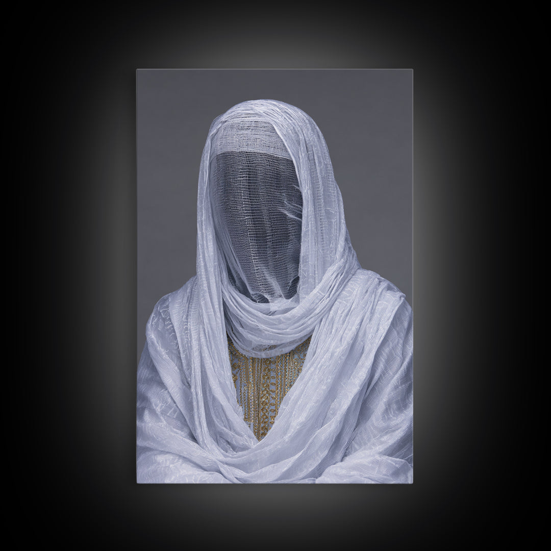 White Veiled African Woman Portrait Wall Art, Afrocentric Cultural Photography, Elegant Spiritual Home Decor Canvas Print