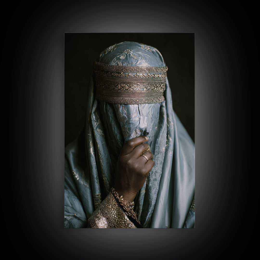 Blue Gold Veiled African Woman Portrait Framed Canvas Print, Luxury Afrocentric Wall Decor, Cultural Photography Fine Art