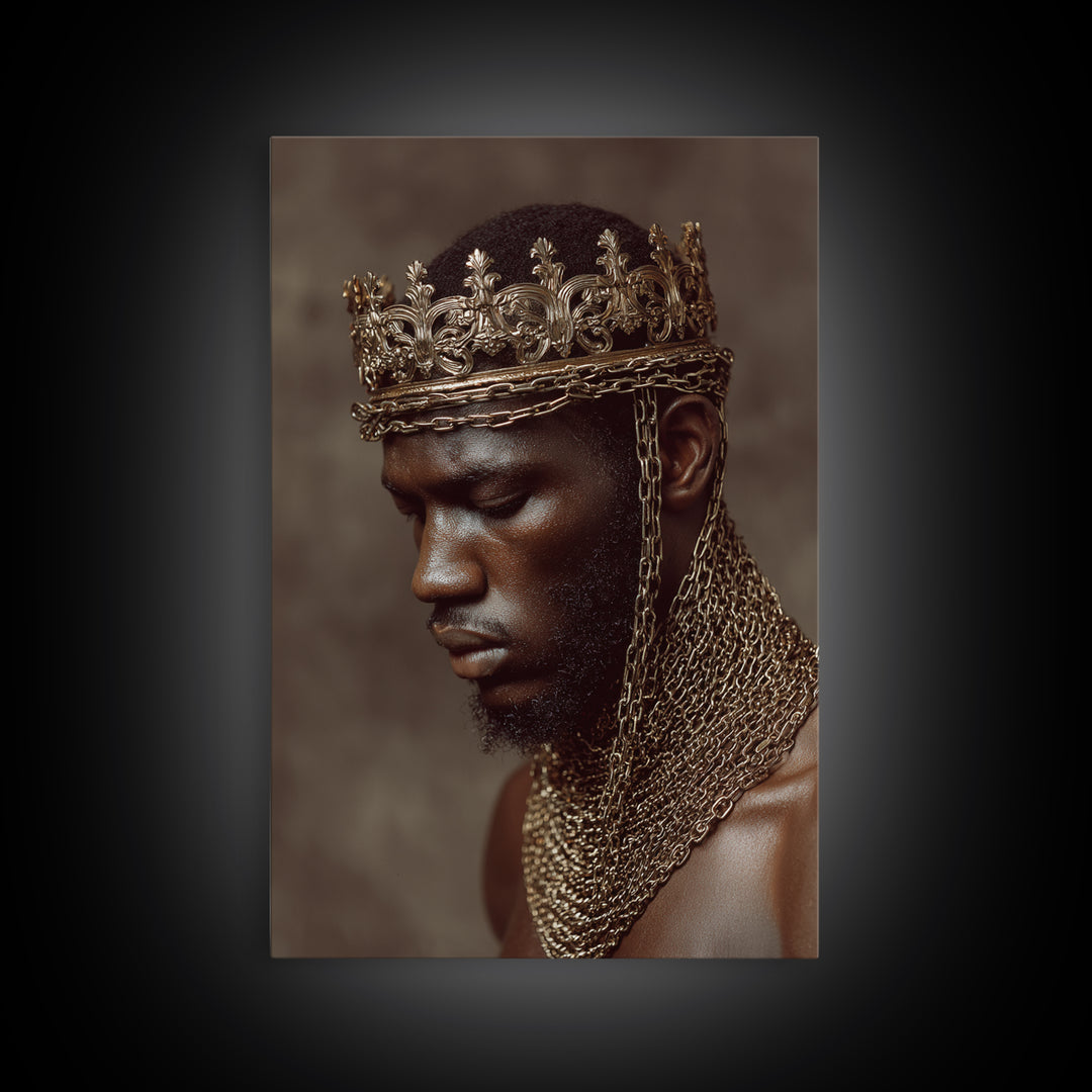 Profile Of Black King In Gold Crown And Chains Wall Art, African American Royal Portrait, Luxury Black Culture Decor Gift