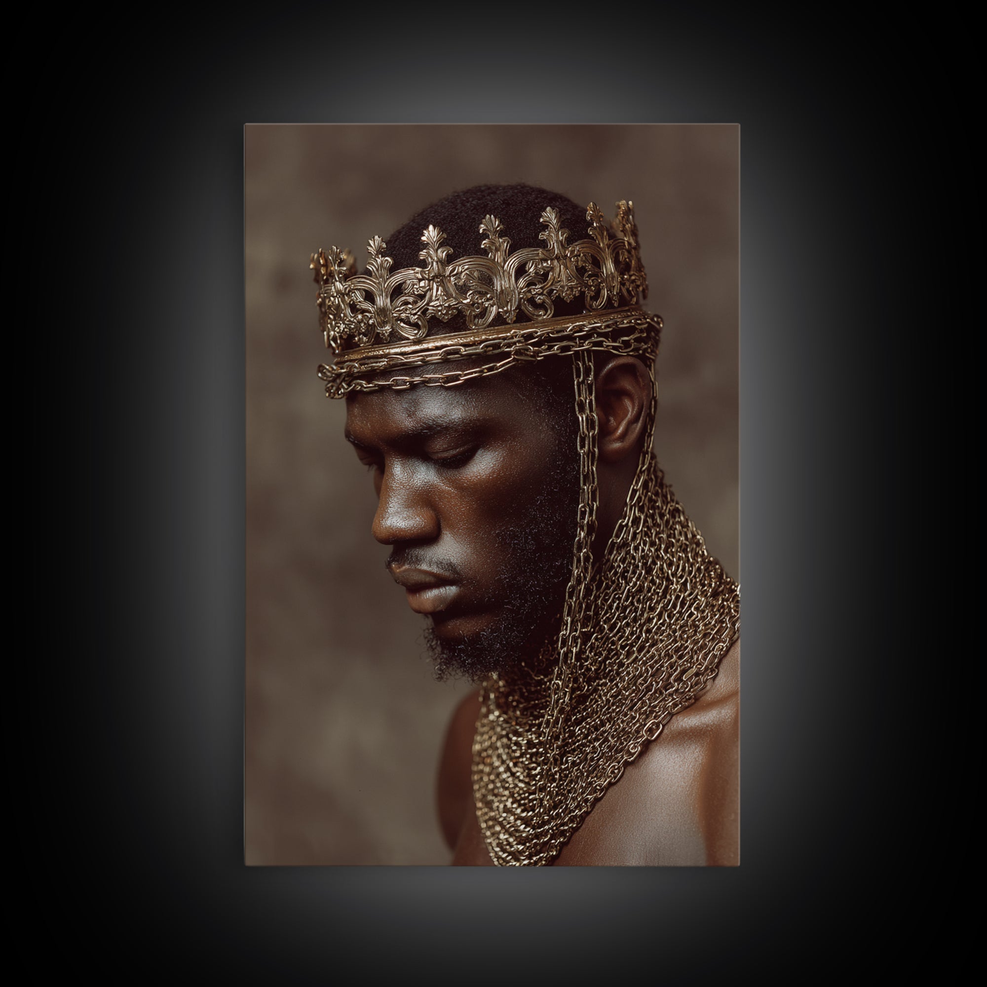 Profile Of Black King In Gold Crown And Chains Wall Art, African American Royal Portrait, Luxury Black Culture Decor Gift