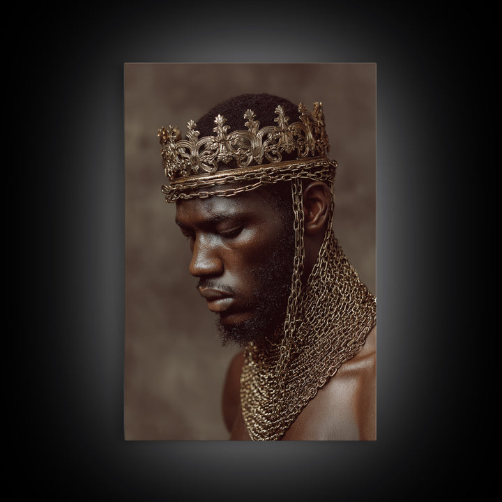 Profile Of Black King In Gold Crown And Chains Wall Art, African American Royal Portrait, Luxury Black Culture Decor Gift