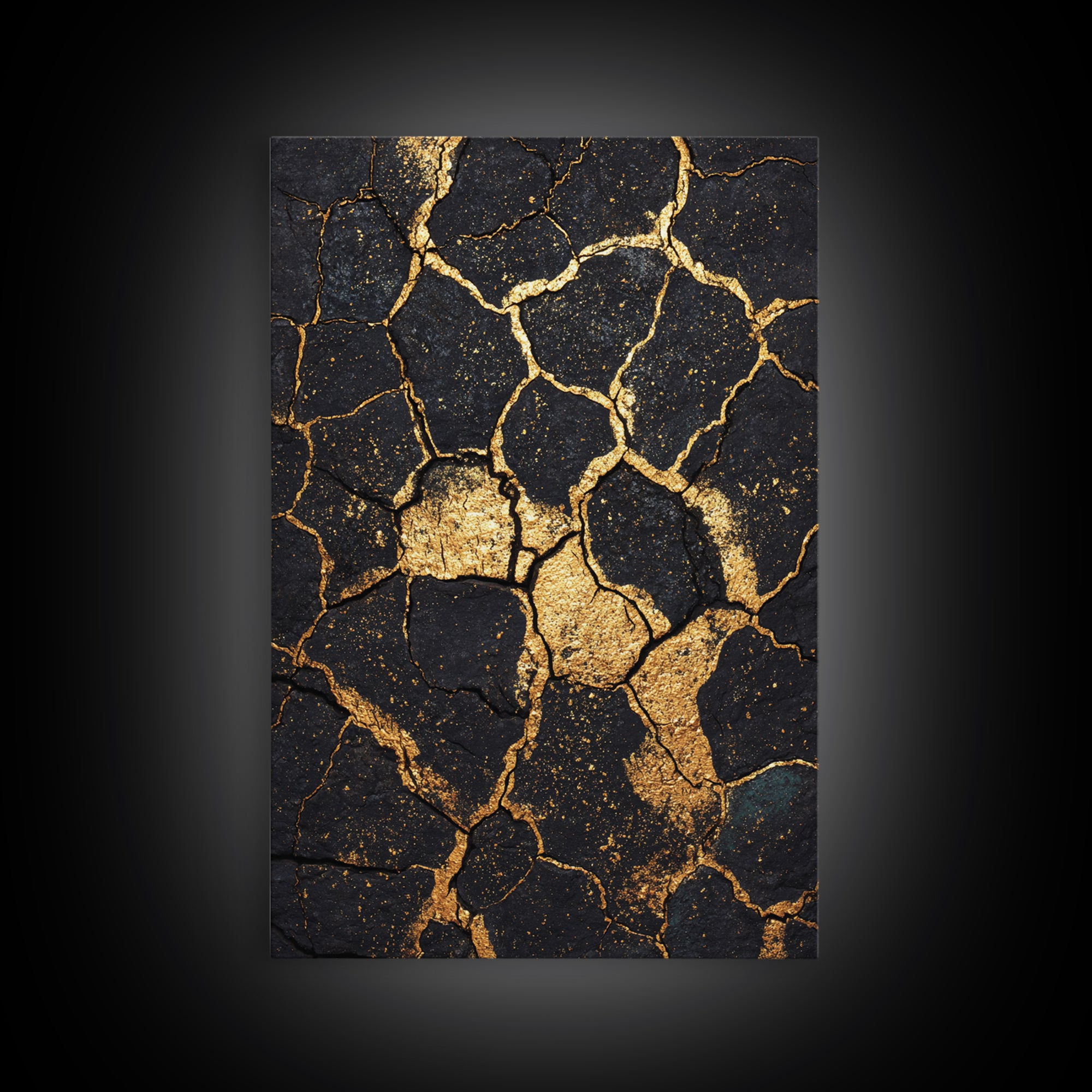 Black And Gold Cracked Earth Abstract Wall Art, Kintsugi Texture Modern Canvas Print, Luxury Earth Tone Statement Home Decor