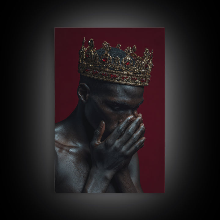 Praying Black King With Ruby Gold Crown Wall Art, African American Royal Portrait, Spiritual Black Culture Home Decor Gift